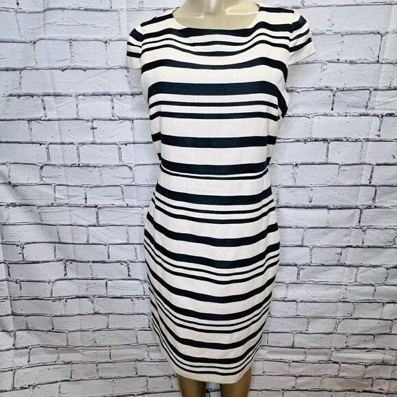 J. Crew Womens Black And Cream Striped Boat Neck Cap Sleeve Midi Sheath Dress - Picture 1 of 9